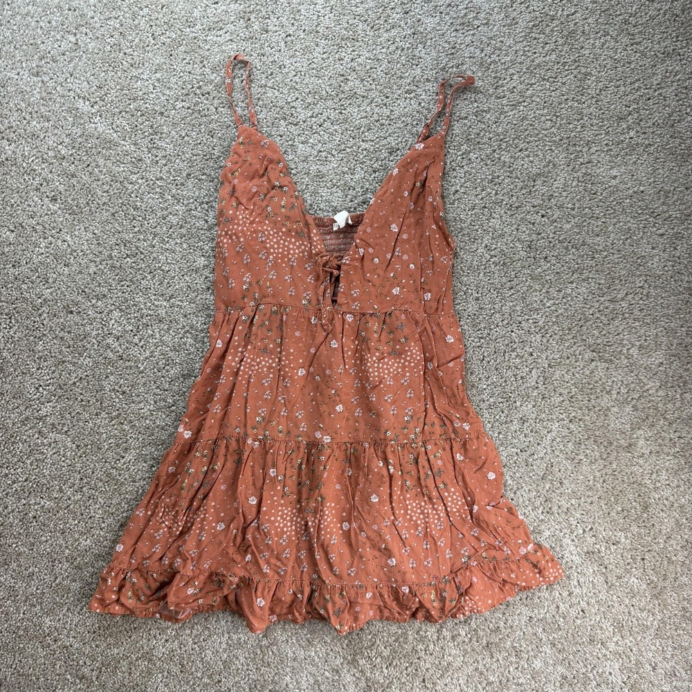 Aeropostale Dress Womens Medium Orange Floral Smocked Ruffle Sundress Tiered